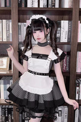 Grey/Black Short Sleeves Stripe Print Ruffle Jirai Kei Dress